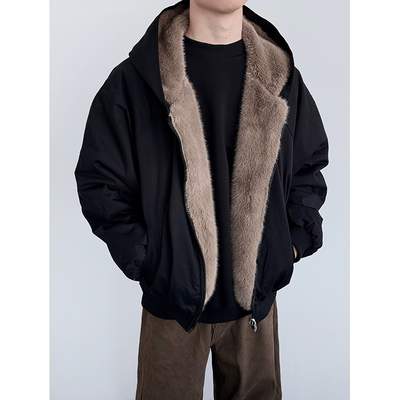 HMN Studio美式复古仿兔毛连帽棉衣男女冬季潮加绒保暖休闲棉服