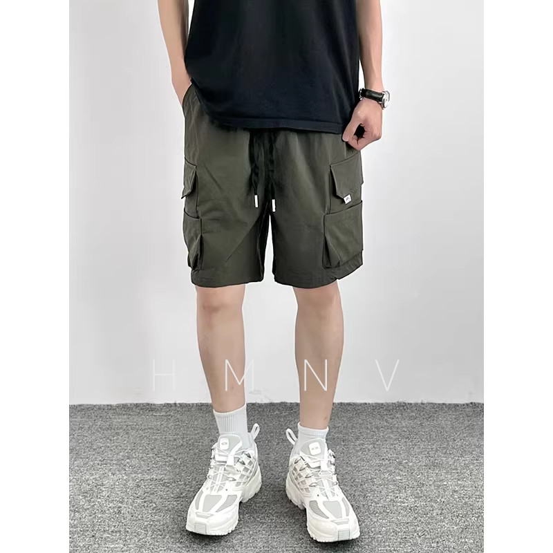 HMN Studio美式工装军绿色短裤男多口袋设计薄款冰丝速干五分裤图片