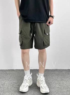 HMN Studio美式工装军绿色短裤男多口袋设计薄款冰丝速干五分裤