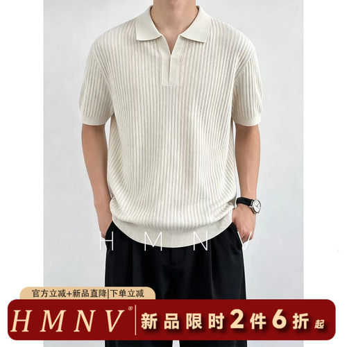 HMNV潮牌莱赛尔坑条纹理亚麻混纺老钱翻领POLO衫针织短袖T恤