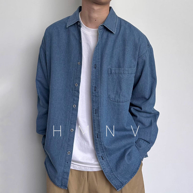 HMN Studio纯色牛仔衬衫日系复古宽松休闲廓形棉质工装长袖衬衣图片
