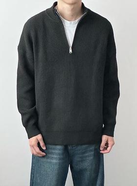 HMN Studio日系复古慵懒风半拉链毛衣男冬季宽松保暖套头针织衫