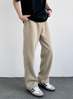 HMN Studio美式复古侧边条纹拼接直筒水洗阔腿卫裤抽绳休闲长裤