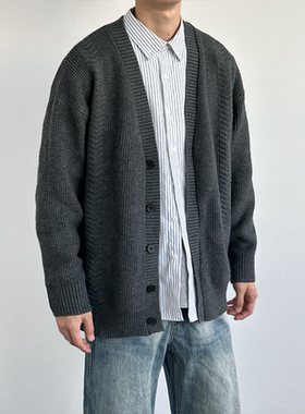 HMN Studio美式复古纺纤绒纱毛衣古着纯色重磅V领单排扣针织衫男