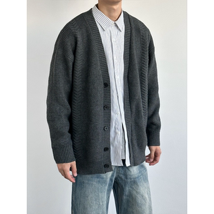 HMN Studio美式复古纺纤绒纱毛衣古着纯色重磅V领单排扣针织衫男