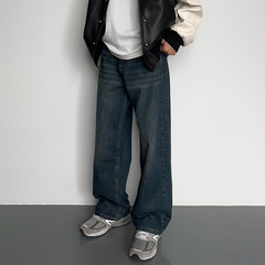 HMN Studio美式水洗复古蓝垂感阔腿牛仔裤2024新直筒休闲百搭长裤