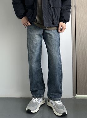 HMN Studio日系直筒水洗牛仔裤潮流显瘦美式cleanfit休闲复古长裤