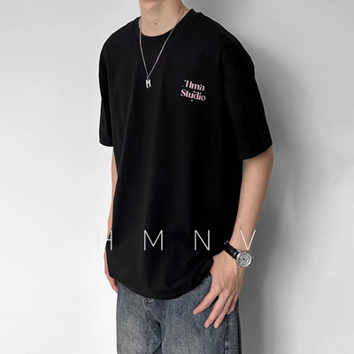 HMN Studio 250G三本针自主印花四色短袖重磅纯棉上衣T恤宽松休闲