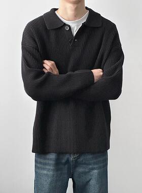 HMN Studio秋冬款韩版POLO领宽松毛衣男纯色基础百搭慵懒针织衫