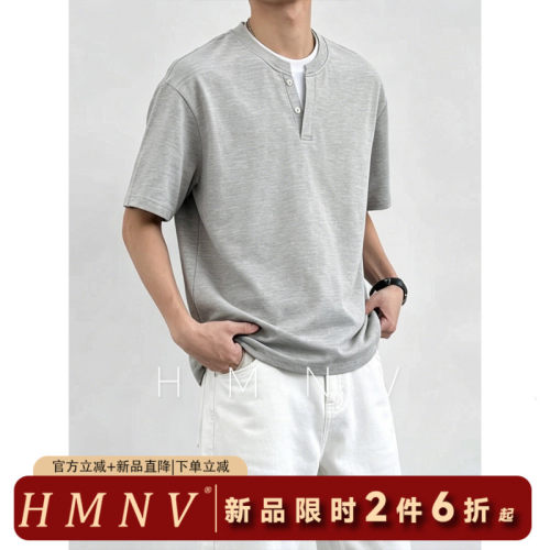 HMNV美式复古亨利领细条纹叠穿假两件T恤男夏季新款宽松潮牌短袖
