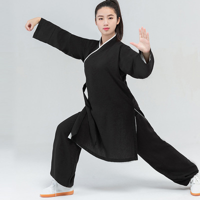 国风中式武当棉麻布衣双层太极服练功服斜襟道袍中长款茶服禅修