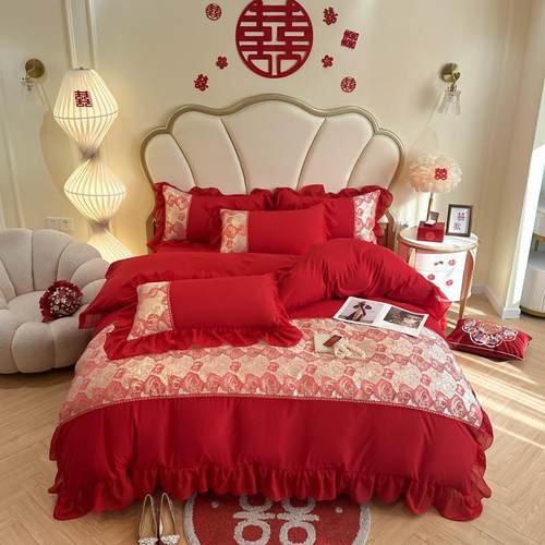轻奢高级感结婚纯棉红色床品四件套婚庆亲肤棉刺绣床裙四件套