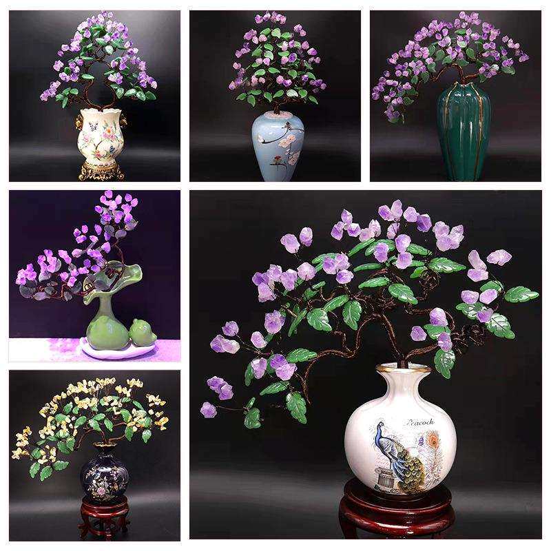原矿水晶簇紫水晶树陶瓷花瓶工艺品黄水晶招财树风水摆件