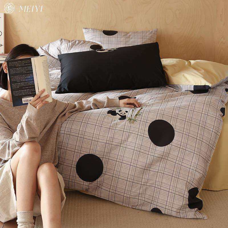 现代卡通熊猫全棉印花刺绣四件套纯棉被套裸睡小众设计款床上用品