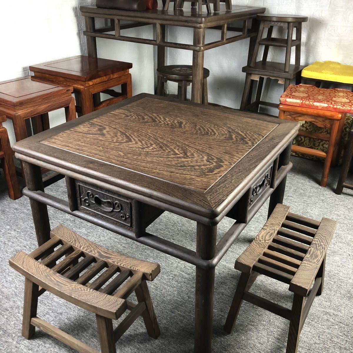 鸡翅木茶几中式小桌子八仙桌老式鸡翅木方桌家用小户型抽屉桌