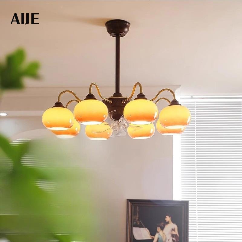 中古风客厅吊灯高端法式美式复古餐厅卧室书房主灯柿子一体风扇灯