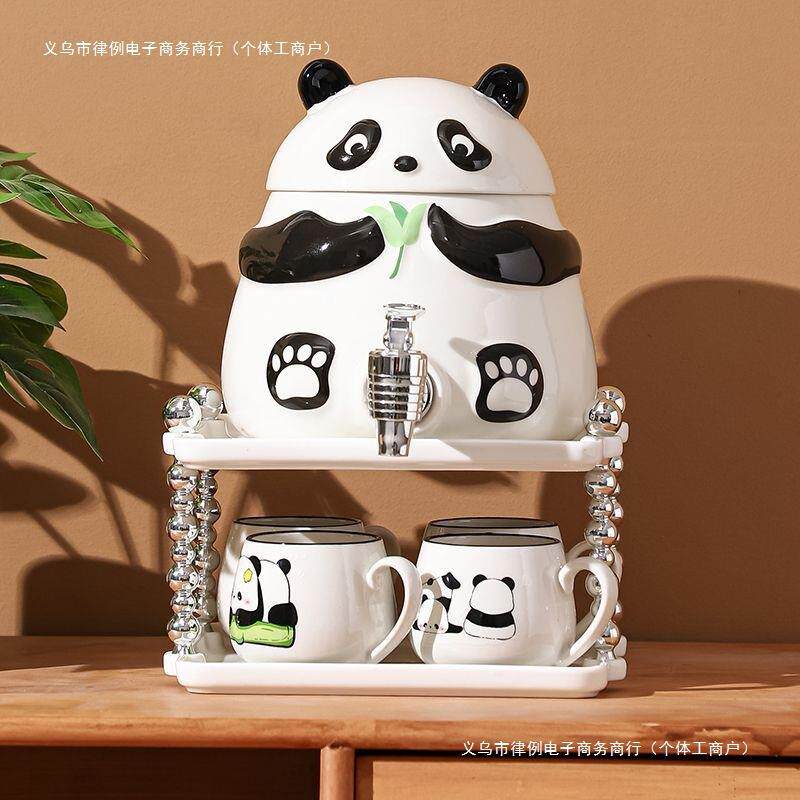 冷水壶带龙头熊猫可爱水具杯子套装大容量耐高温可乐桶家用凉水壶