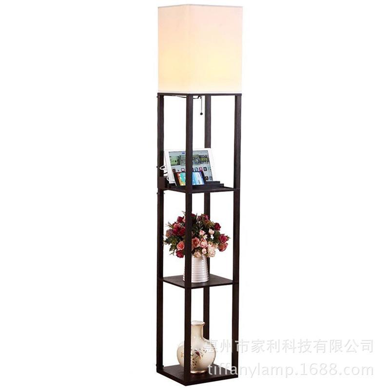 外贸出口新中式灯具落地灯客厅USB充电插口简约卧室置物灯木架
