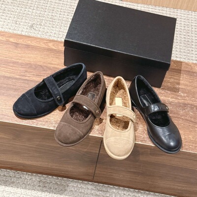 双C圆头牛反绒名媛气质单鞋女秋冬新款毛毛鞋休闲加绒玛丽珍女鞋