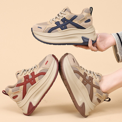 2025秋冬季新款内增高休闲厚底复古拼色阿甘鞋网鞋透气老爹鞋女鞋
