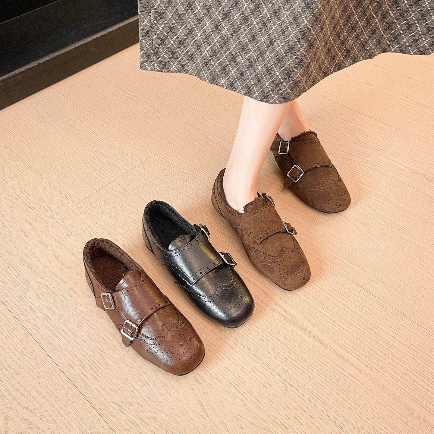 166-3 英伦风巴洛克雕花加绒小皮鞋女2025新款布洛克乐福鞋单鞋