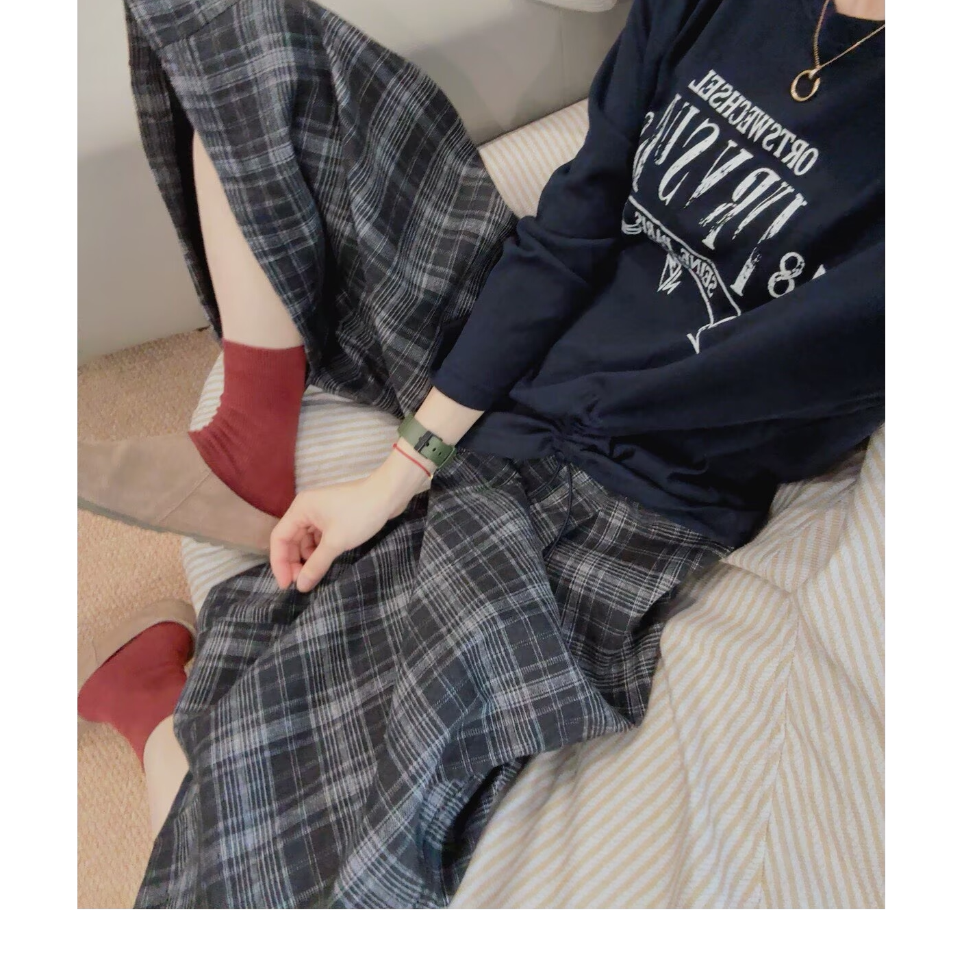 秋季新款高腰显瘦宽松7分裤女款垂感休闲阔腿格子弯刀女裤小个子