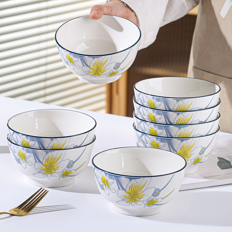 10个装吃饭碗家用陶瓷新款米饭碗4.5英寸高颜值饭碗水仙花开餐具