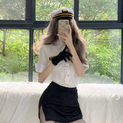 2025年女警空姐制服弹力修身秘书角色扮演服上衣短裙帽子套装
