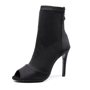 黑色靴子 中筒拉丁舞鞋 女式 舞蹈鞋 中高跟弹力布面料适合各种脚型