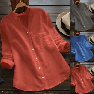 loose shirt pocket 复古宽松V领口袋衬衣 neck Retro