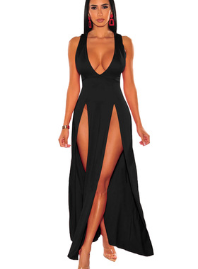 Deep V-neck sleeveless slit dress    纯色深V领无袖开叉连衣裙