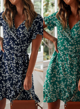 Women's V-neck printed short sleeve dressV领印花短袖连衣裙女