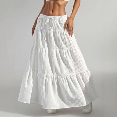 白色半身裙系带大摆裙女 White Elegant Tied Floor-Length Skirt