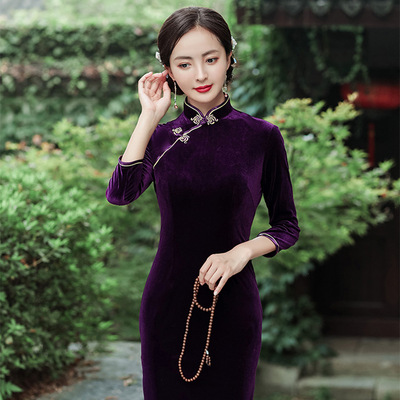 中袖修身开衩长款旗袍