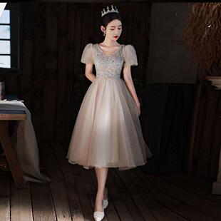 高级感晚礼服女孩十八岁成人礼高中生连衣裙细闪遮手臂宴会法式长