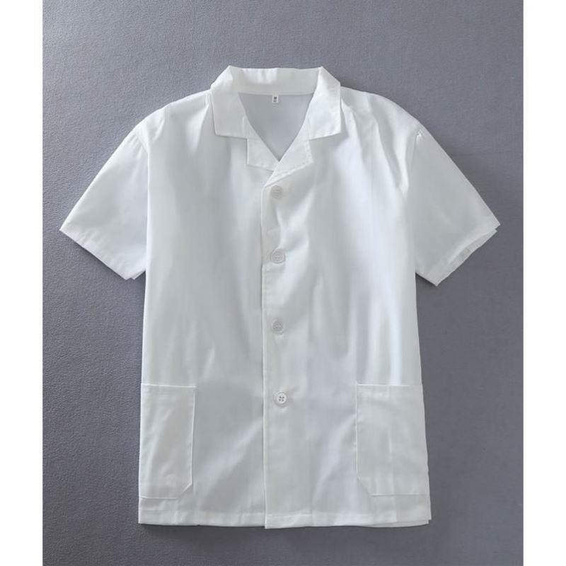 超薄的确良厨师服短袖透气夏季男学校食堂白色翻领工作服食品服