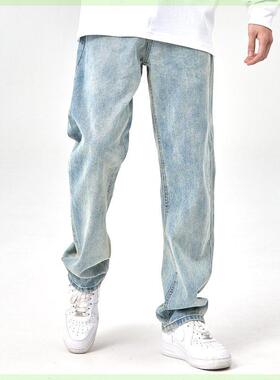 【古克】2023春夏美式高街复古蓝色牛仔裤男直筒阔腿裤子AGN9785