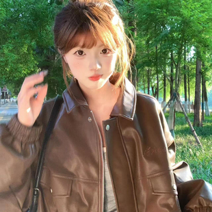 新款 美拉德棕色皮衣外套女2025年秋季 复古高级感宽松翻领皮夹克潮