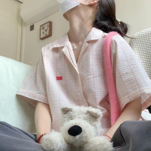 超好看粉色甜美宽松休闲衬衫 日系复古短袖 2025新款 衬衫 外套 女夏季