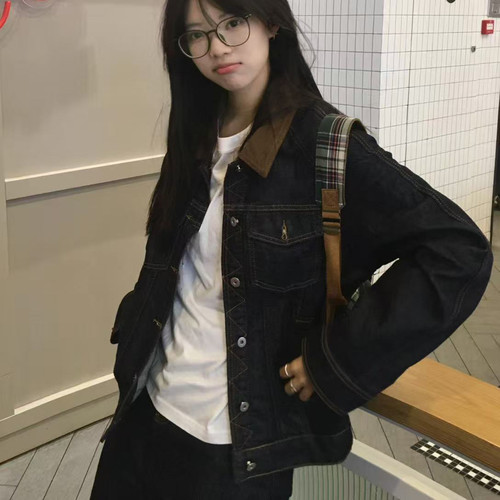 灯芯绒拼接水洗牛仔外套女翻领潮
