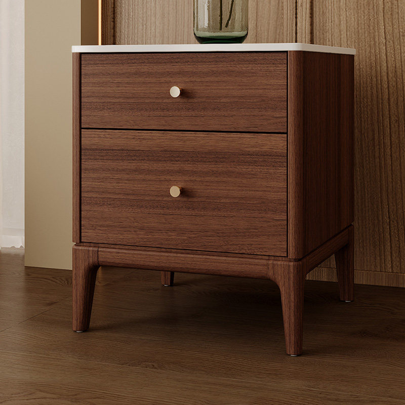 顾家家居木艺岩板实木床头柜新中式胡桃木卧室置物收纳储物二斗柜