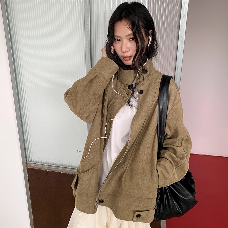 韩版绒感麂皮外套女25秋季新品