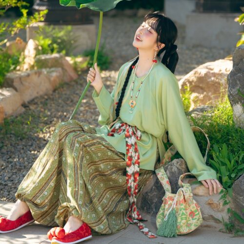 山海明光【一颗青苹果】唐制圆领吊带百褶灯笼裤汉服套装夏女装绿