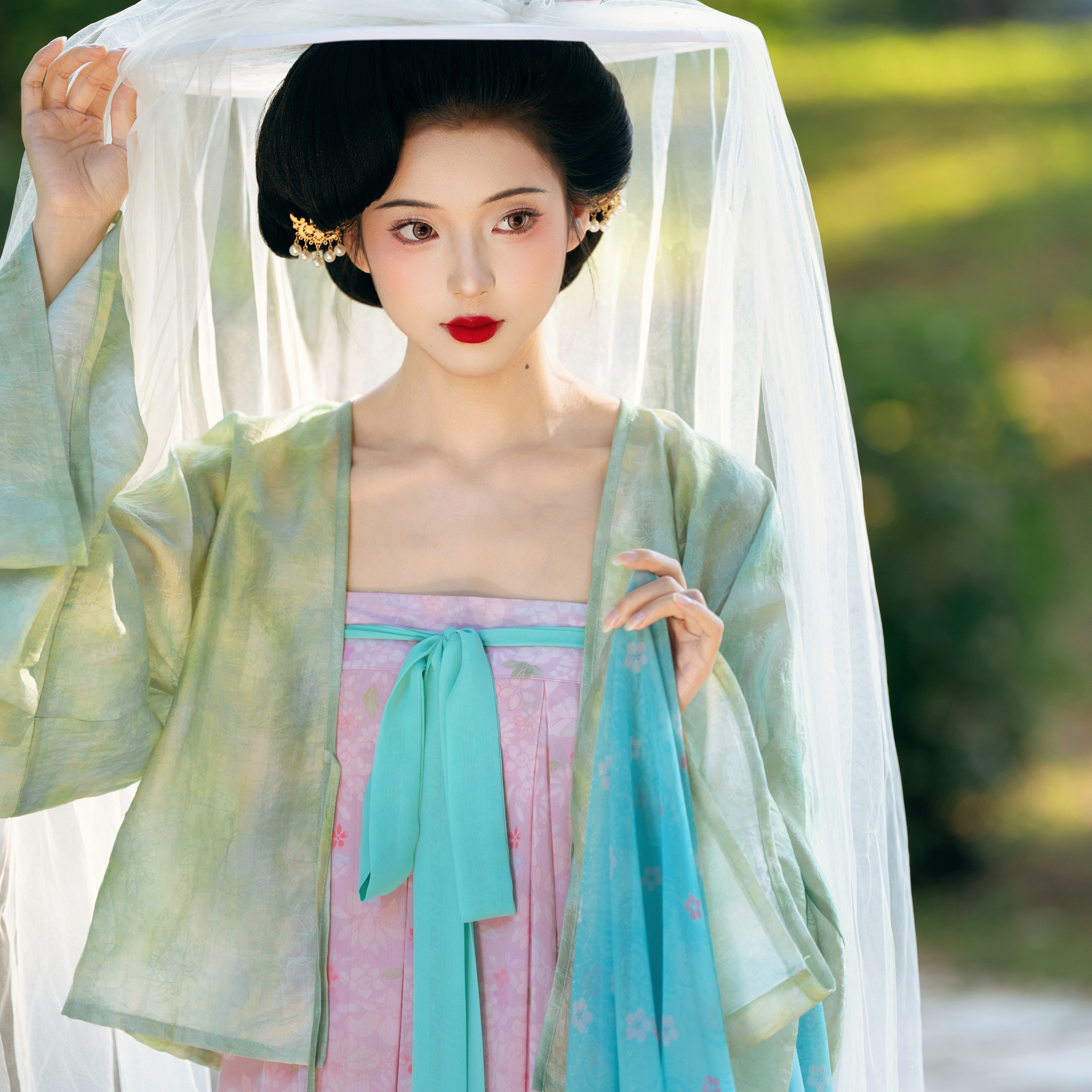 山海明光【捻花】唐制汉服齐胸破裙披帛套装复原风春夏大码天丝
