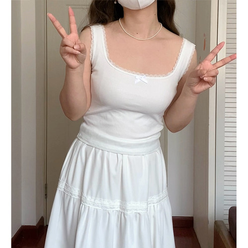 阿殊 ASOUL 纯色蝴蝶结蕾丝花边短款吊带背心无胸垫款