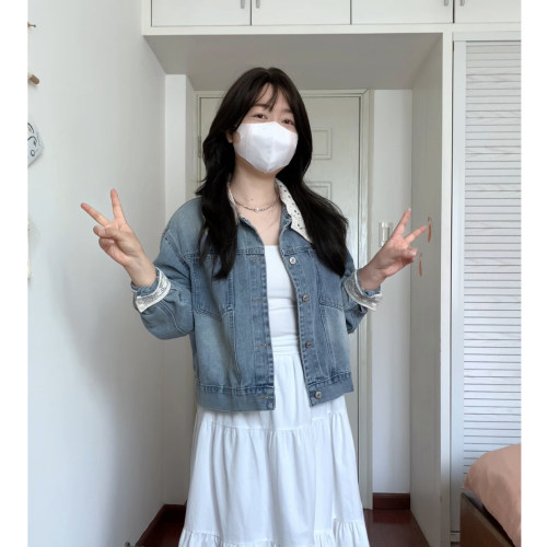 韩系浅色牛仔外套可拆卸蕾丝领阿殊 ASOUL 显瘦小个子上衣