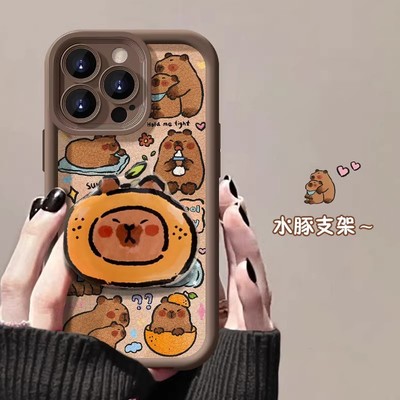 卡通水豚带支架opporeno14pro手机壳reno13/12/11/10女新款a58趣味可爱a2/a3x软硅胶findx8磨砂k12防摔保护套