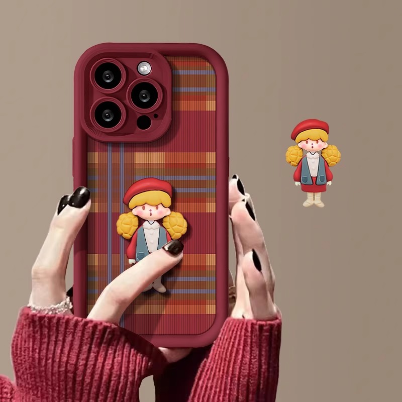 立体女孩公仔vivox200s手机壳x100/90/80/70新款s30/20pro软硅胶iqoo13酒红色卡通neo10创意网红y300女保护套