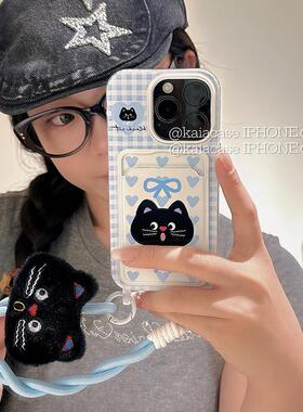 格纹猫咪卡包opporeno14pro手机壳新款Reno13/12/11/10带挂绳findx8pro卡套a2软壳k12可爱a56/A72小众保护套