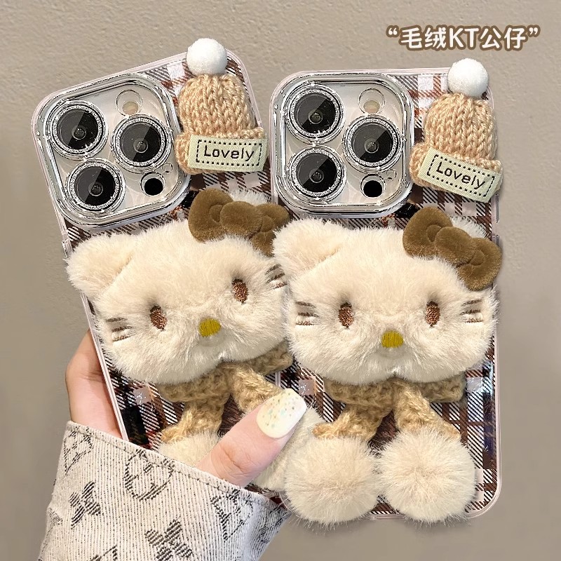 精孔毛绒KT猫公仔opporeno14pro手机壳新款创意reno13/12/11/10可爱findx8/7女款a2/a3全包一加ACE防摔保护套